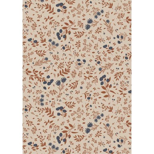 Gavepapir blomstermotiv i blå og teglfarver 5 m/rulle