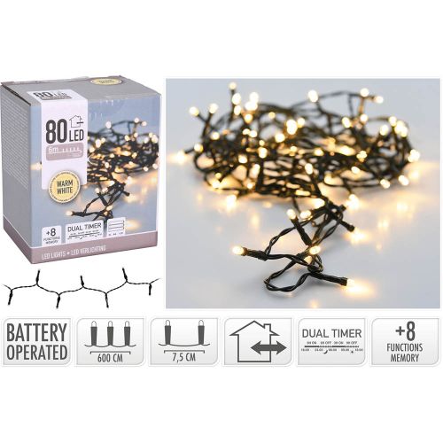 Lyskæde 6m 80 Lys & DUAL Timer - Varm Hvid