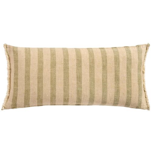 Pudebetræk 80x35cm natur/støvgrønne striber + frynser
