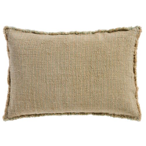 Pudebetræk 60x40cm - Natur m/smalle støvgrønne striber + frynser