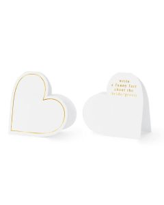 Bordkort hjerte hvid m/ guld tekst - 10 stk
