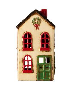 Hus t/fyrfadslys Stillenat - Grøn dør og krans i toppen